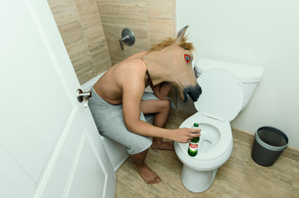Shirtless person with Horse head mask on head sitting, wrapped with towel around waist on a bathtub leaning over towards the toilet with the other hand holding a green beer bottle. - 'The Day After Series' (Conceptual Work)