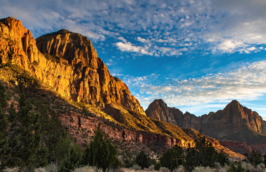 The land and Mountains of Zion National Park during sunset.