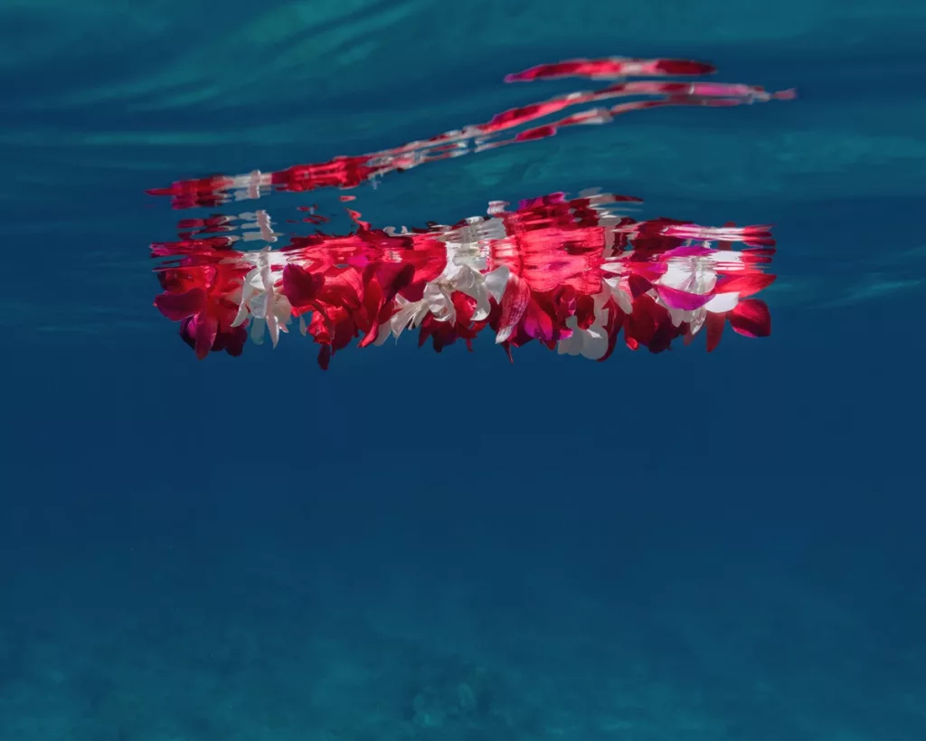 Red and White Orchid lei floating in the pacific ocean. "Remembrance" by Honolulu Photographer Raymond Enriquez